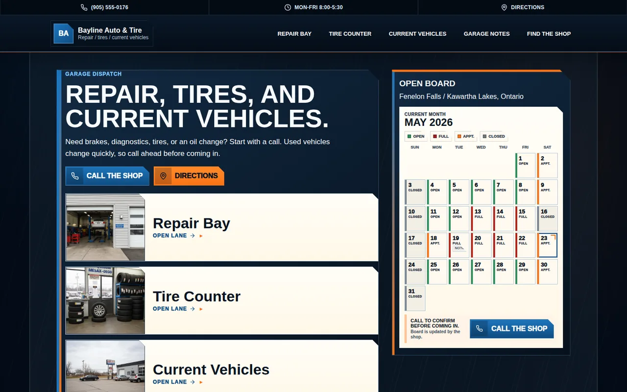 Bayline Auto & Tire mechanic and tire service demo homepage Screenshot of the Bayline Auto & Tire mechanic demo homepage for a local auto repair and tire website.
