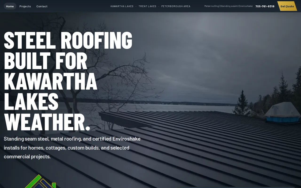 Bulger Steel Roofing Kawartha Lakes roofing website homepage Screenshot of the Bulger Steel Roofing homepage for a Kawartha Lakes steel roofing website.