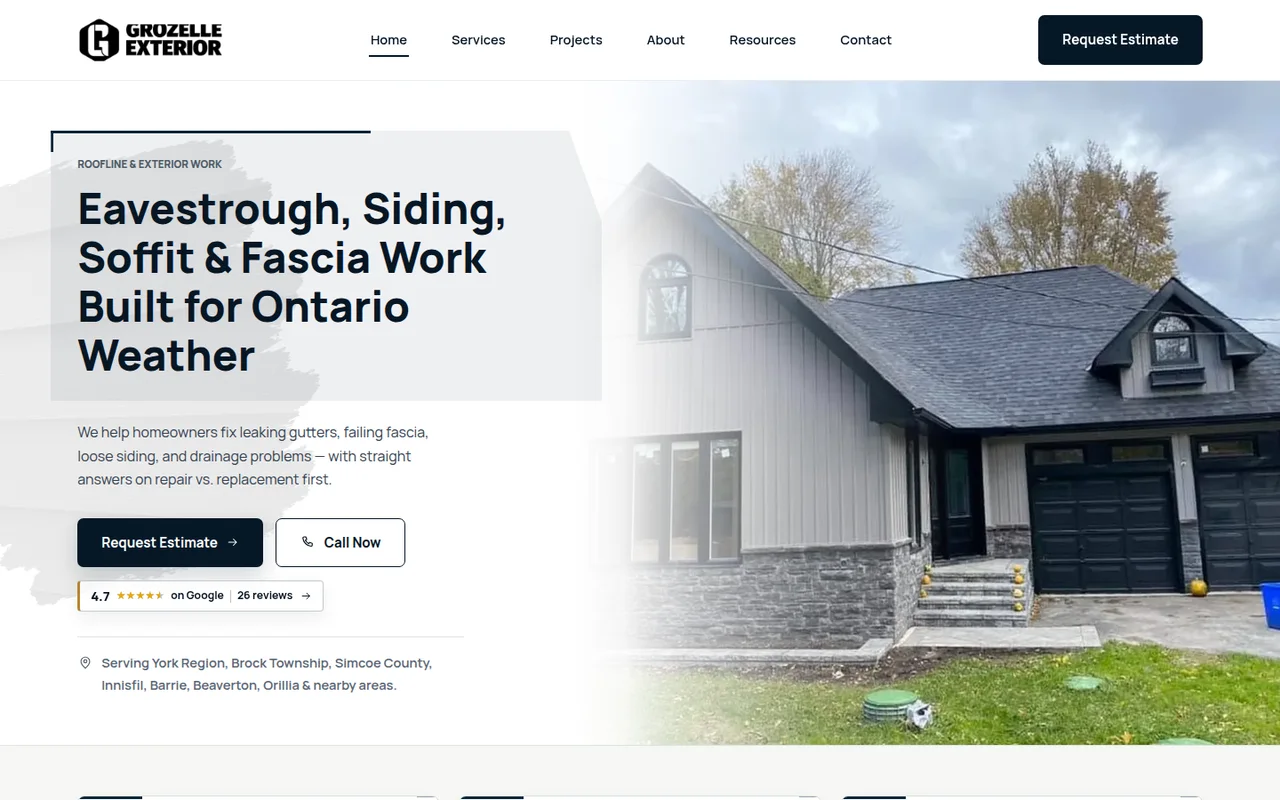 Grozelle Exterior live exterior-services homepage Current Grozelle Exterior live homepage for eavestrough, siding, soffit, and fascia services.