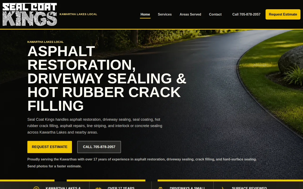Seal Coat Kings live asphalt-restoration homepage Current Seal Coat Kings live homepage for asphalt restoration and driveway sealing.