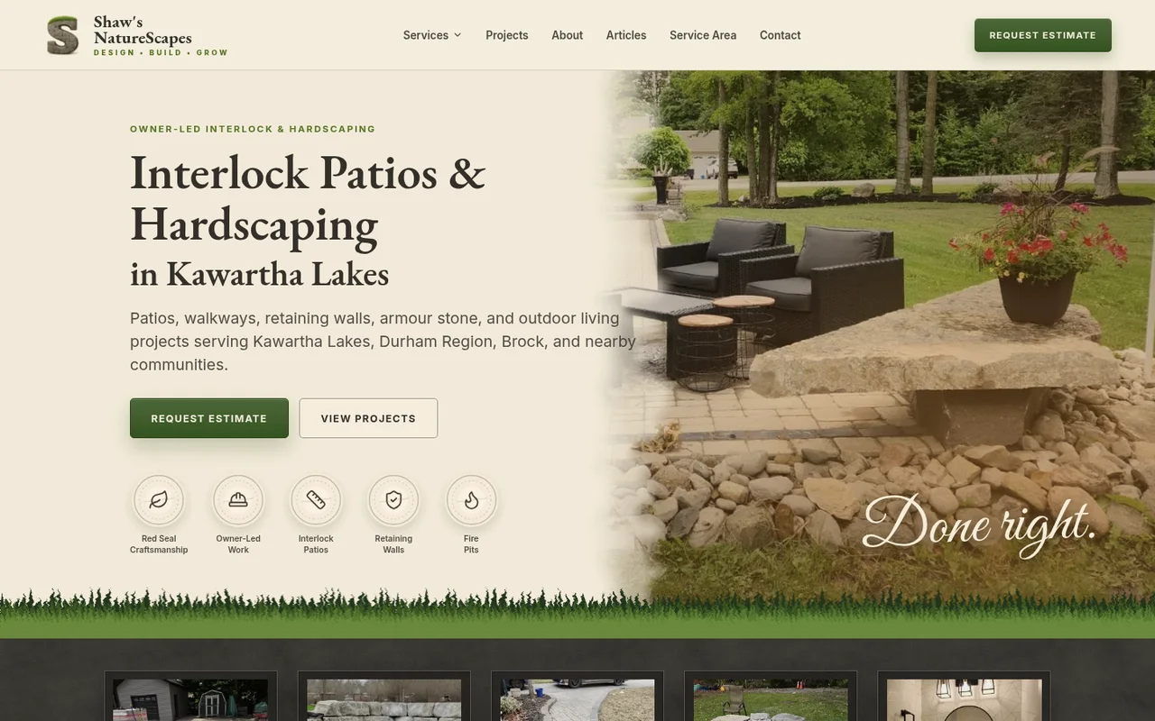 Shaw's NatureScapes live interlock and hardscaping homepage Current Shaw's NatureScapes live homepage showing interlock and hardscaping services.